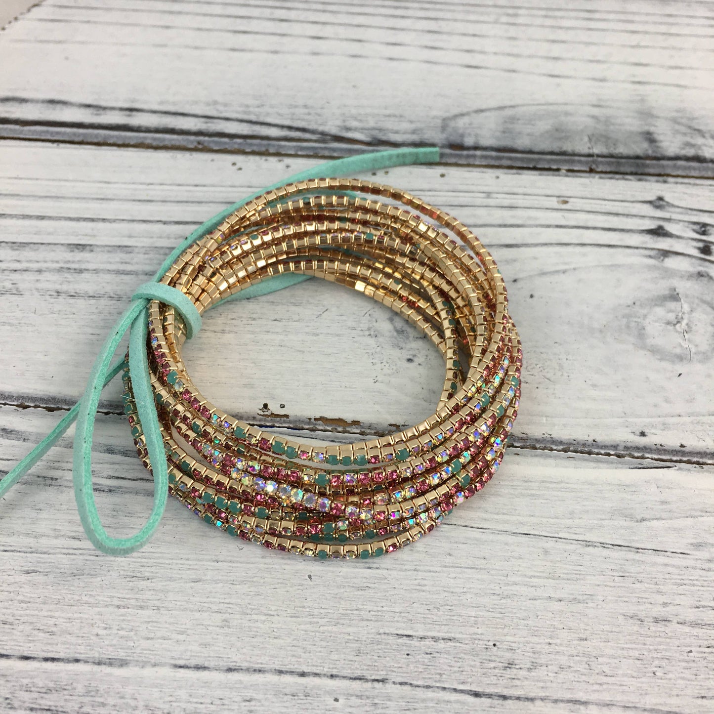 Teal/pink/gold rhinestone bracelet set 