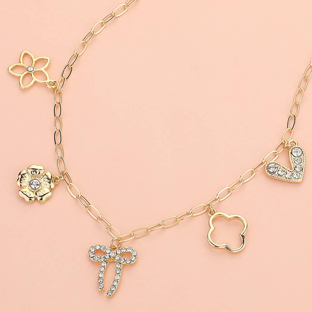 Flower Bow Quatrefoil Heart Charm Station Chain Necklace