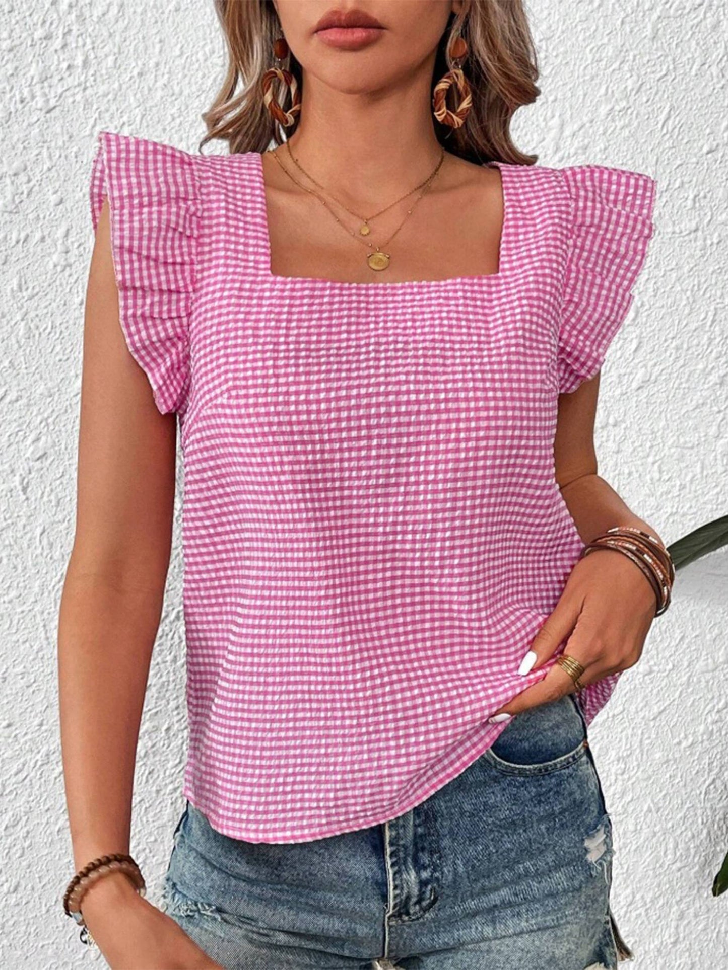 Checkered Square Collar Ruffled Shirt Top