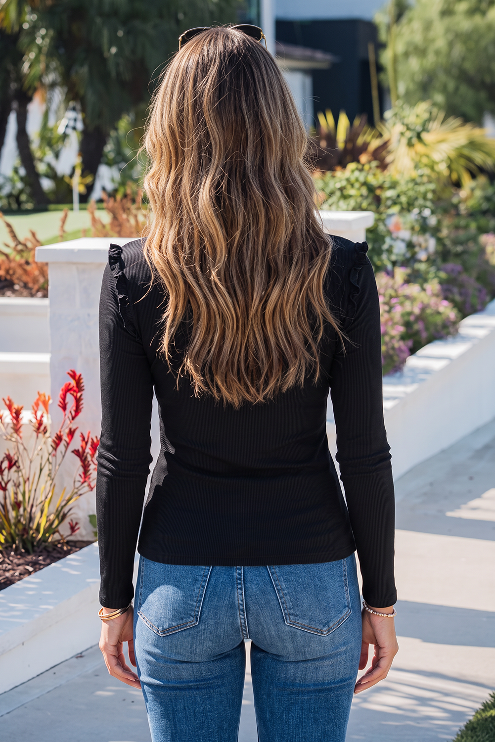 Solid Color Round Neck Frill Detail Long Sleeve Top