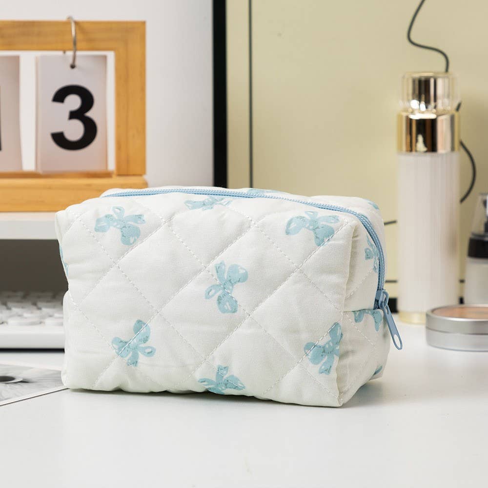 QUILTED COTTON CHECKER BOW COSMETIC POUCH BAG