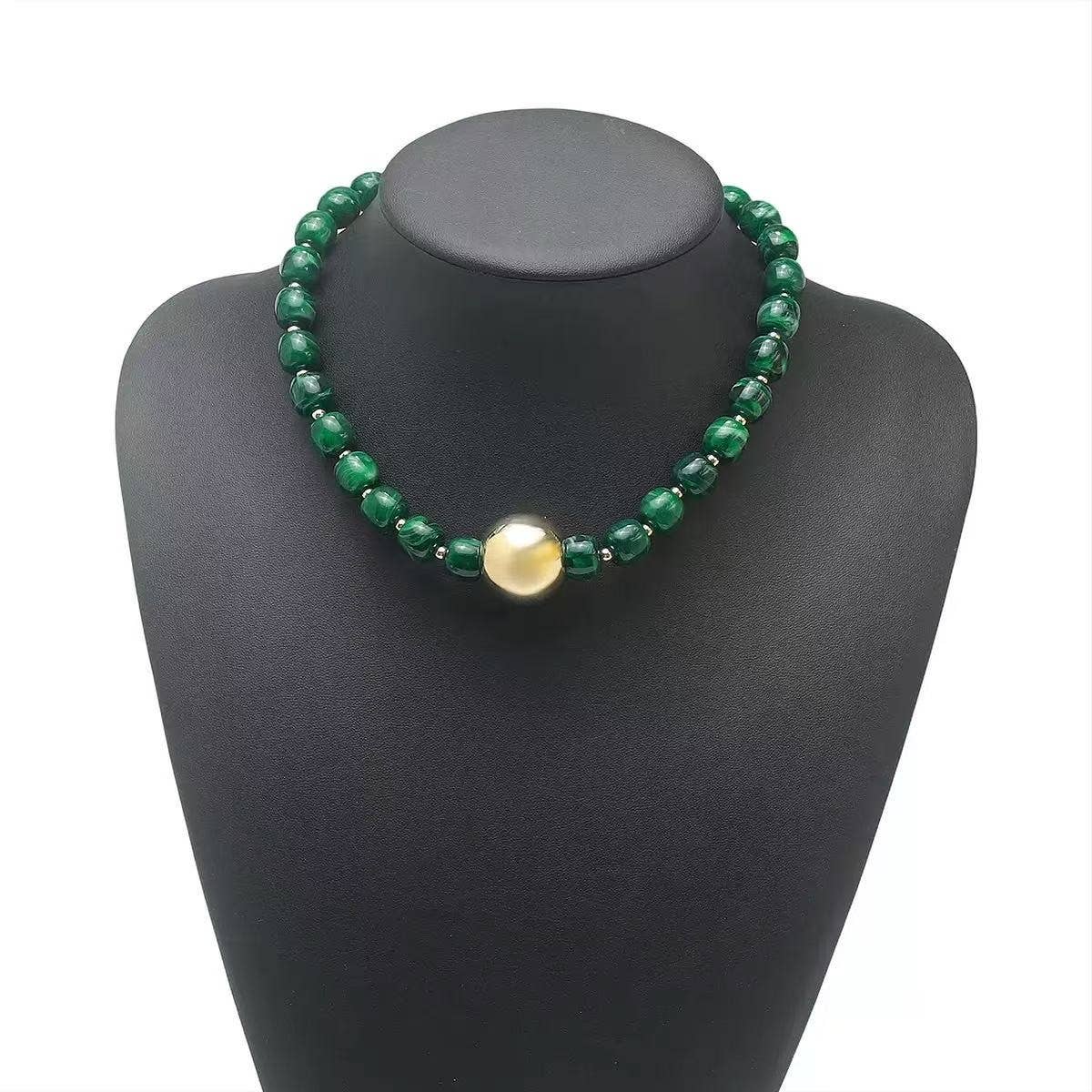 Barrel Beaded & Gold Ball Centerpiece Necklace