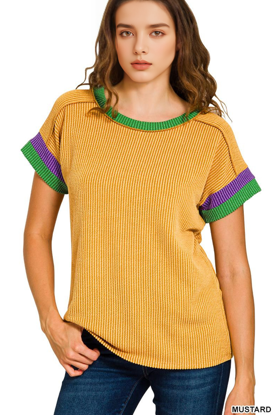 Mardi Gras Tri-color Contrast Trim Top