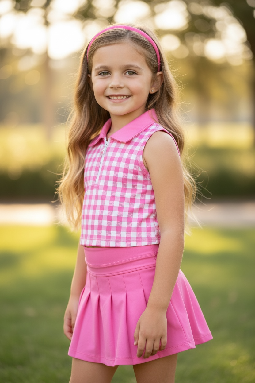 Gingham bubble pink crop top and pleaded skort. High performance athletic outfit