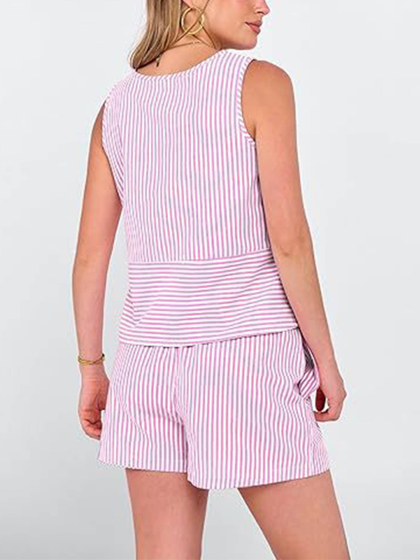 Vertical Stripe Waist Cinch Sleeveless Set