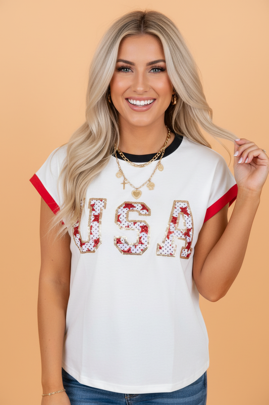 Sequin Star USA Patch Colorblock T-Shirt