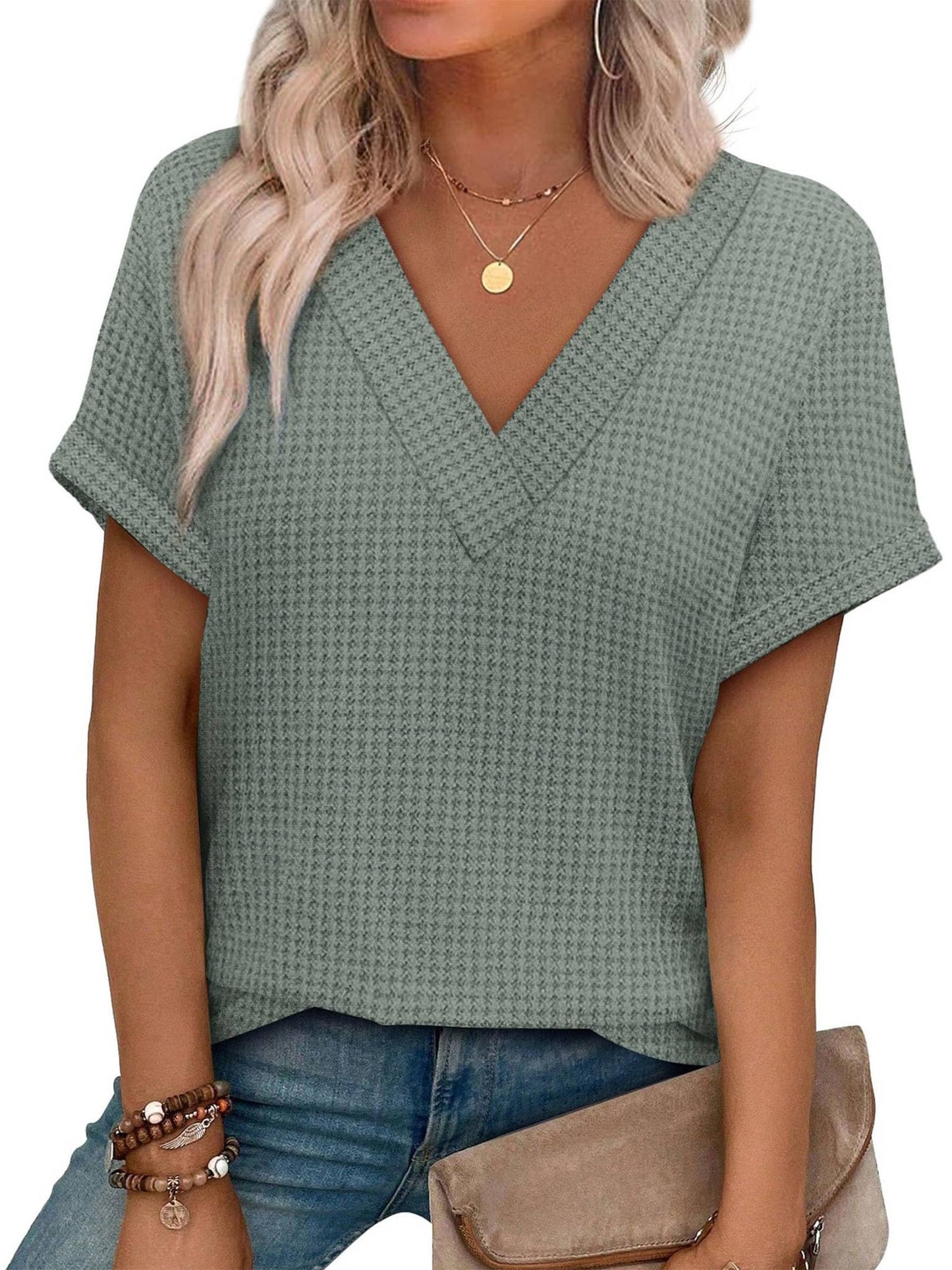 Women's Loose V-Neck Waffle Knit Short Sleeve T-Shirt