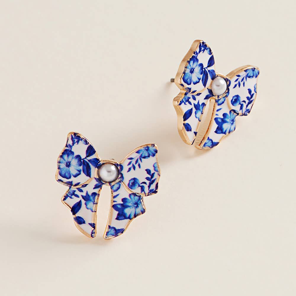 Pearl Accent Floral Bow Stud Earrings