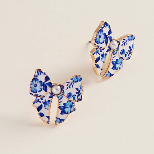 Pearl Accent Floral Bow Stud Earrings