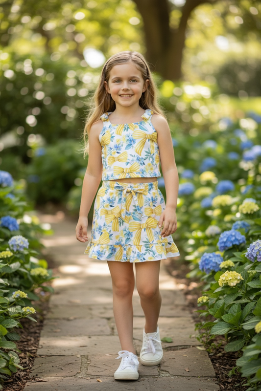 Coquette bow printed top & skort set with ruffle hem