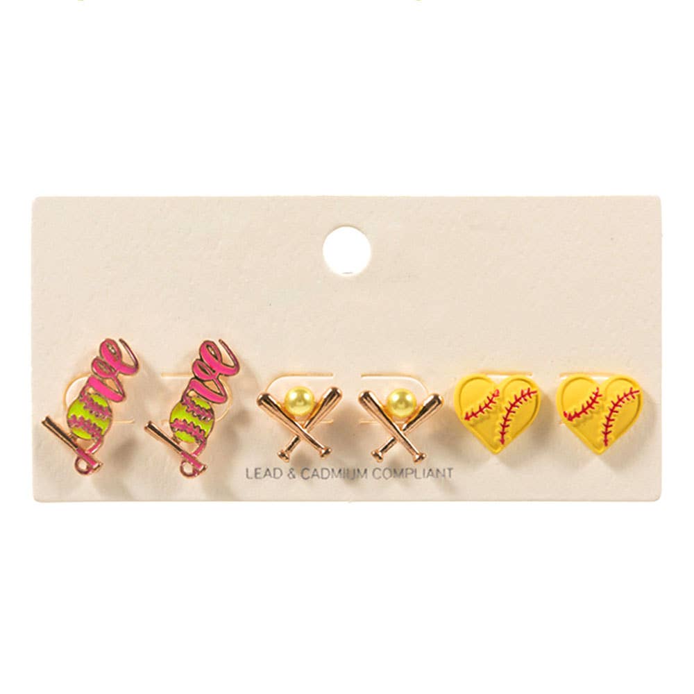 3Pairs Baseball Softball Themed Stud Earring Set