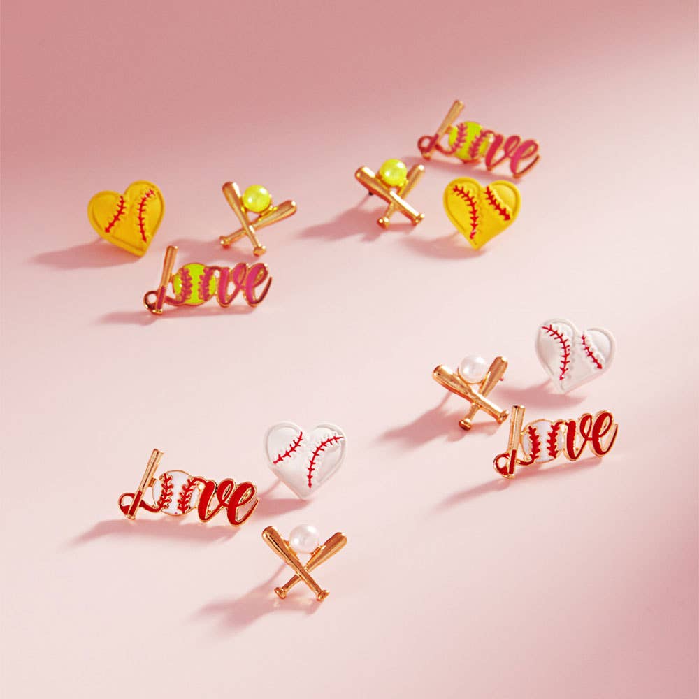 3Pairs Baseball Softball Themed Stud Earring Set