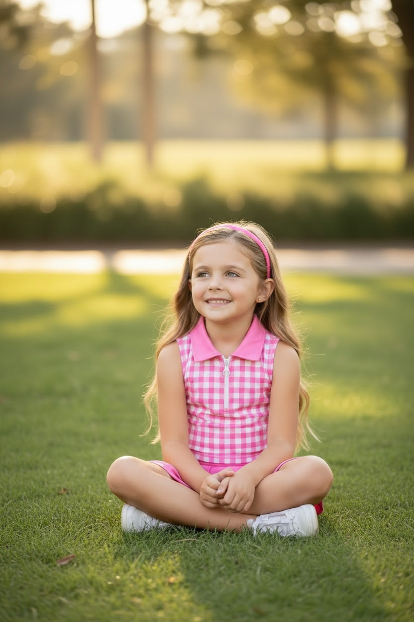 Gingham bubble pink crop top and pleaded skort. High performance athletic outfit