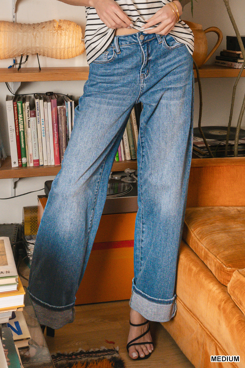 High rise cuffed wide leg denim pants