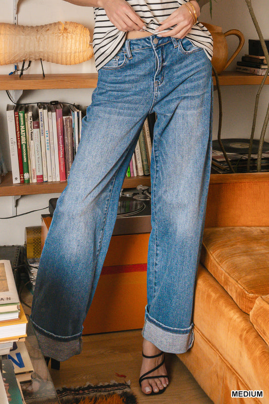 High rise cuffed wide leg denim pants