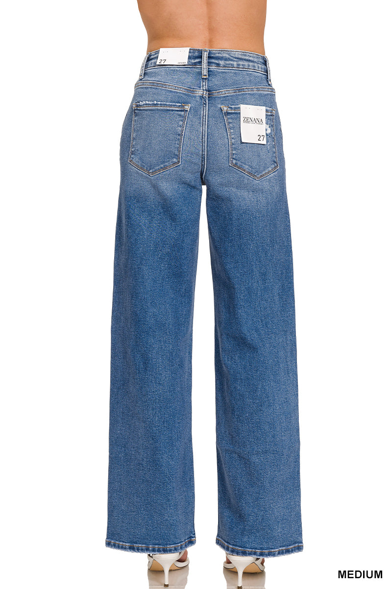 High waist straight leg medium wash denim pants