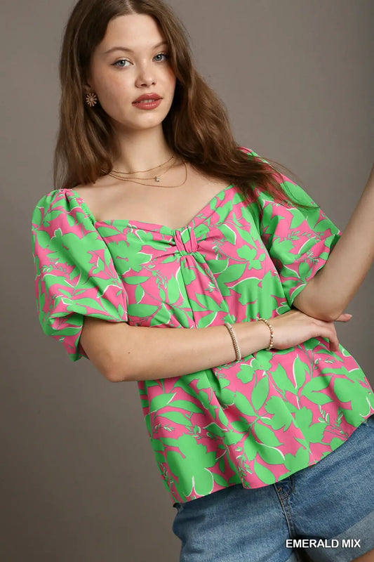 Floral Print Boxy Cut Front Knot Top with Bubble Sleeves
