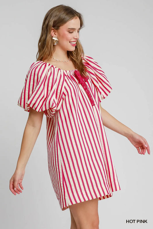 Striped Print Mini Dress with Lace Tape Drawstring