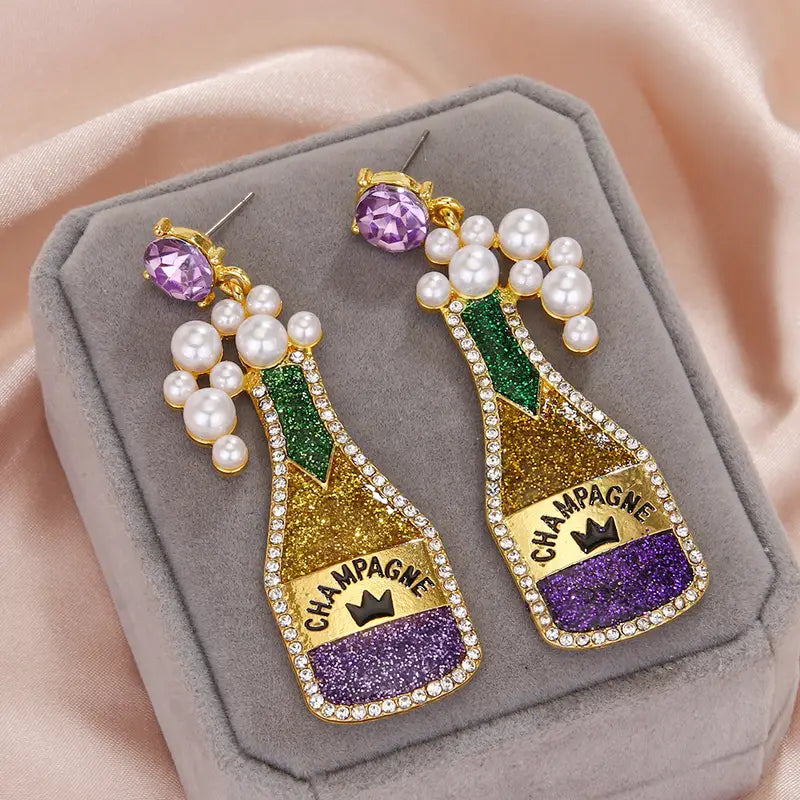 Stone and Pearl Paved Mardi Gras Fleur de Lis Bottle Earrings