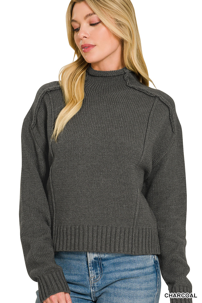 MOCK NECK EXPOSED SEAM LOW GAUGE SWEATER
