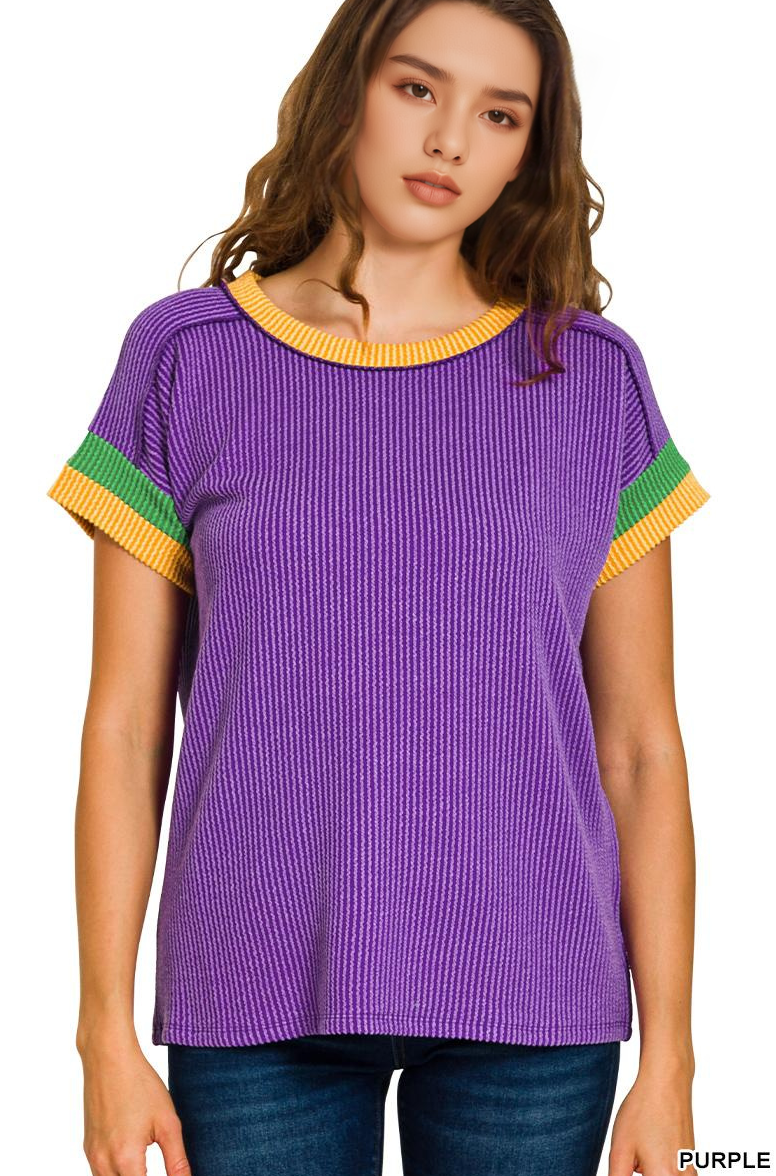 Mardi Gras Tri-color Contrast Trim Top