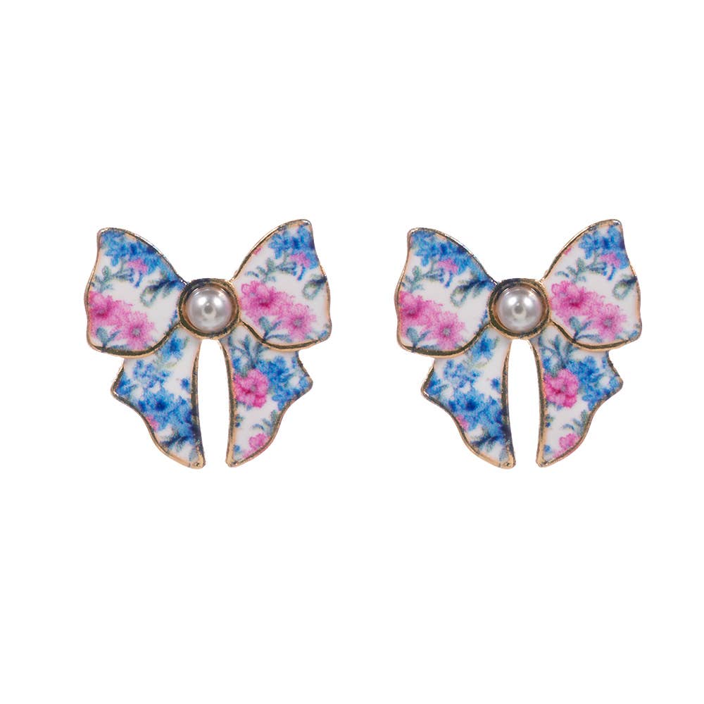 Pearl Accent Floral Bow Stud Earrings