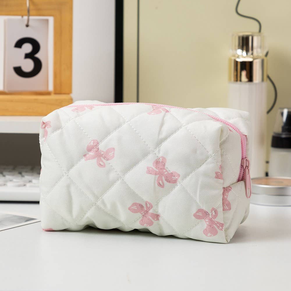 QUILTED COTTON CHECKER BOW COSMETIC POUCH BAG