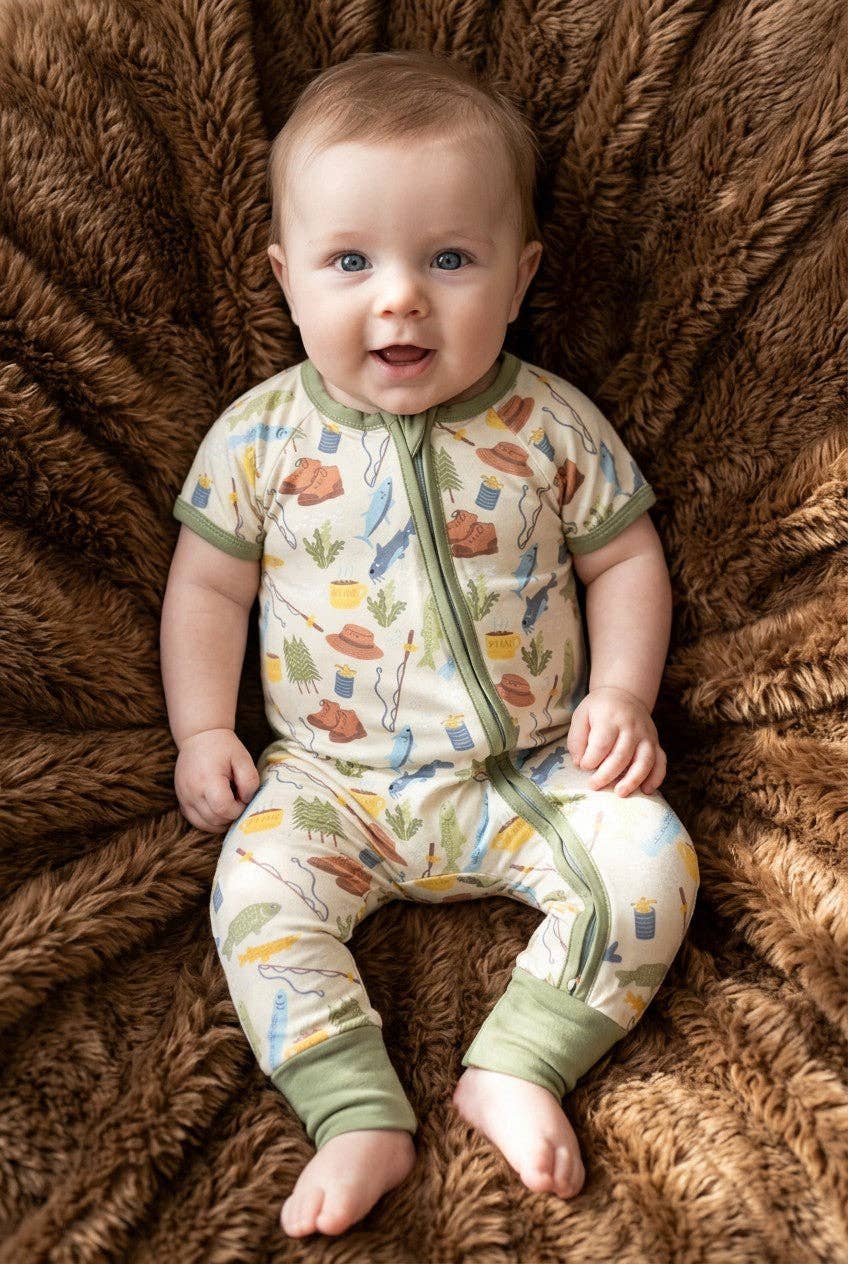 Gone fishing-Short sleeve baby romper with fold over footie