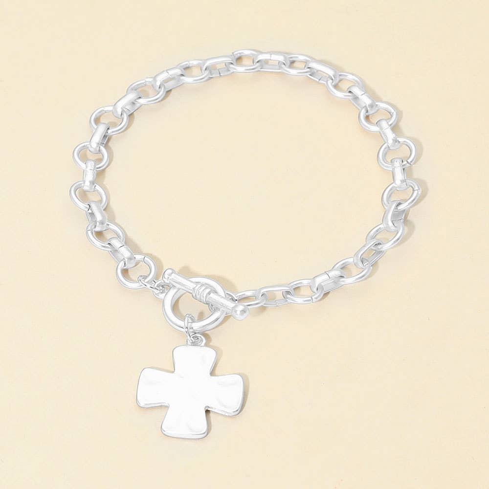 Matte Hammered Metal Cross Charm Toggle Chain Link Bracelet