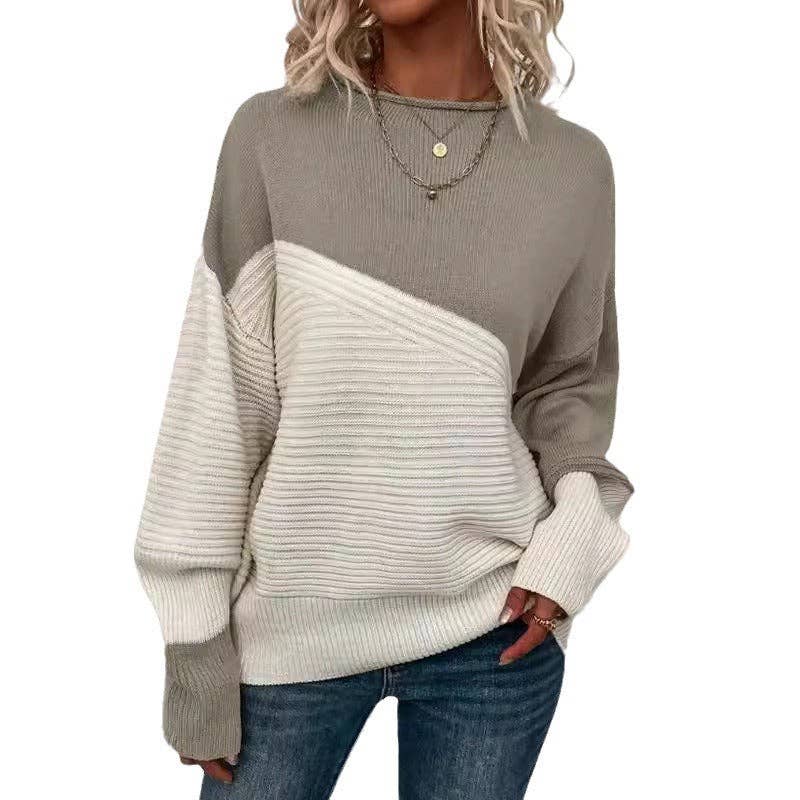 Casual Loose Knit Sweater Colorblock Long Sleeve Round Neck