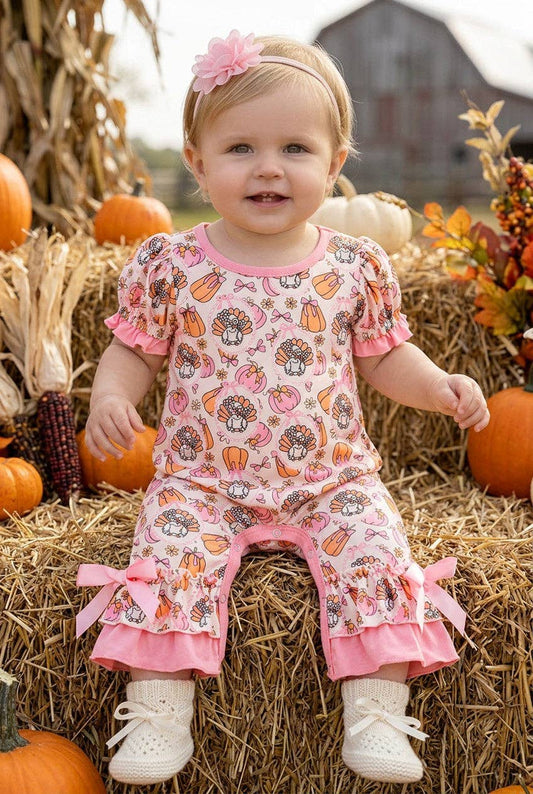 Turkey & pumpkin printed romper w/ pink ruffle hem