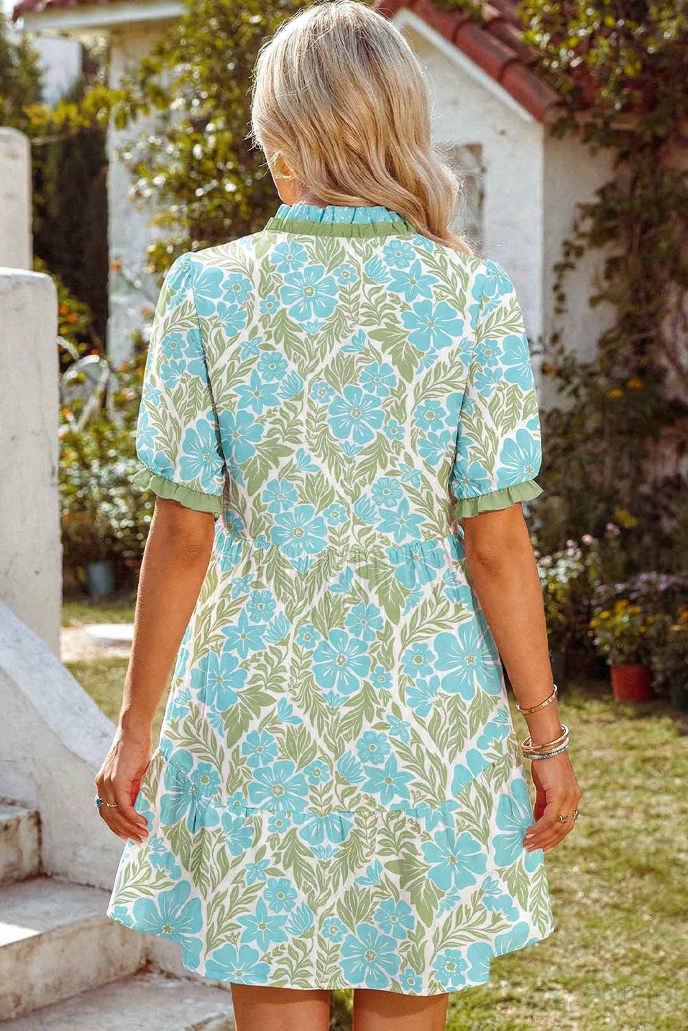 Floral Print Frilled Trim V Neck Button Front Boho Dress