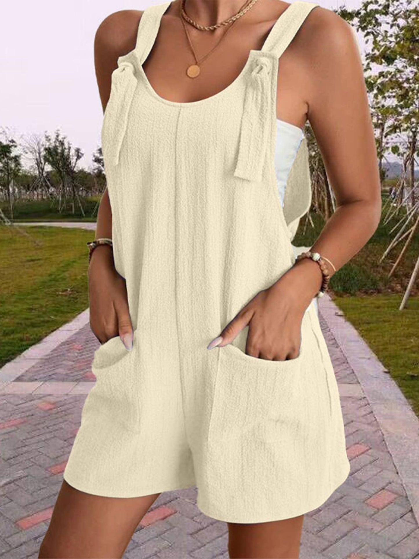 Shoulder Strap Pocket Textured Romper