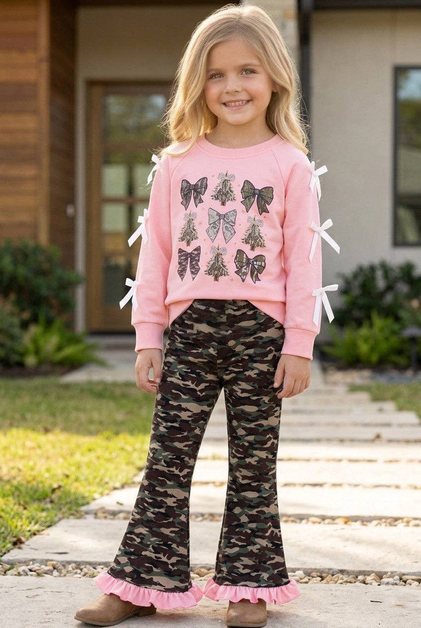 Camouflage Christmas tree & bow printed sweatshirt set
