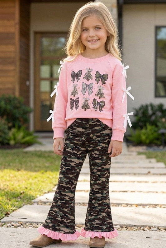 Camouflage Christmas tree & bow printed sweatshirt set