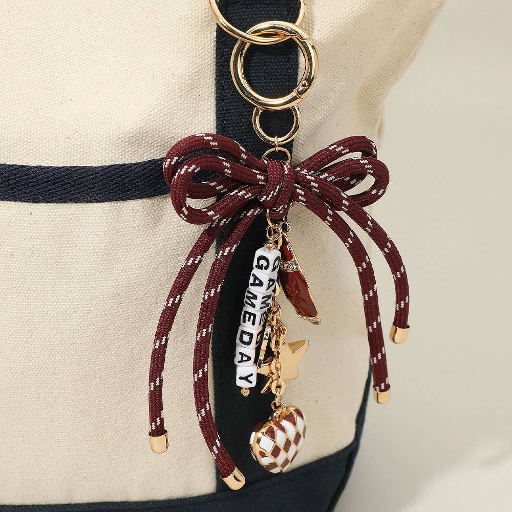 Football Themed Charm GAME DAY Message Beaded Rope Bow Accent Keychain / Bag Charm