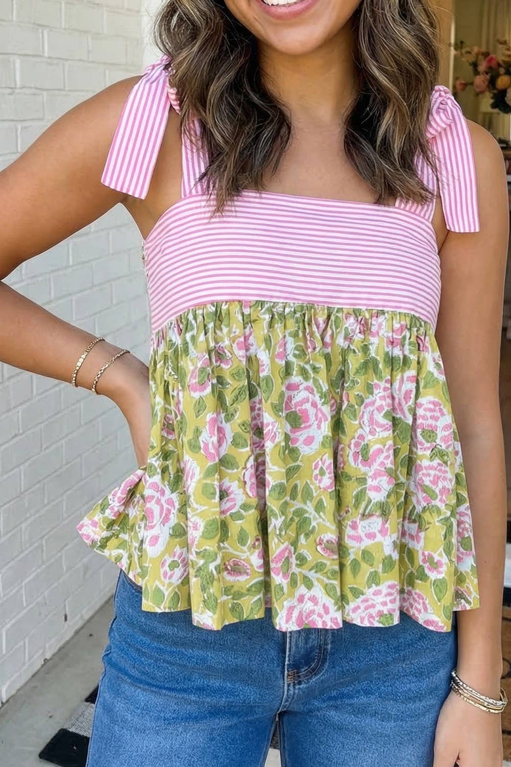 Floral Printed Knot Straps Babydoll Tank Top