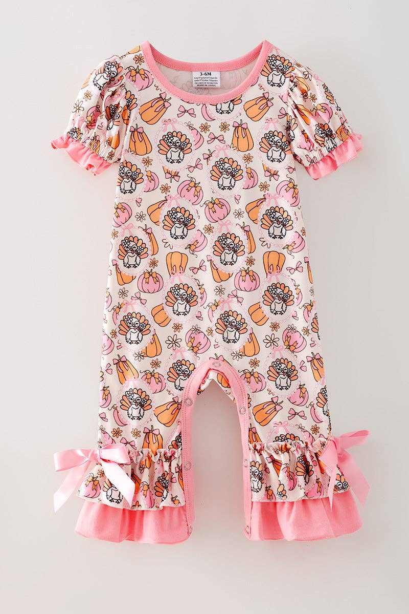 Turkey & pumpkin printed romper w/ pink ruffle hem