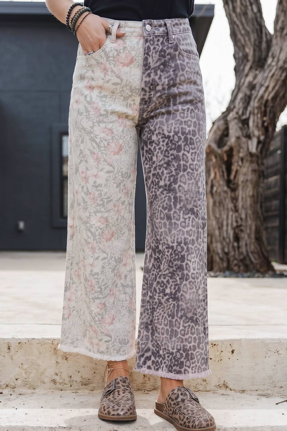 Western Leopard Frayed Edge Wide Leg High Waist Jeans