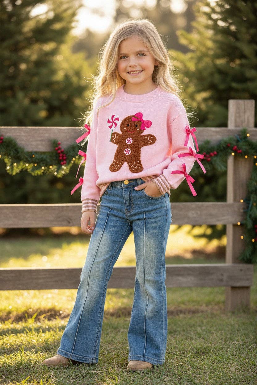 Ginger cookie pink knit sweater with bow on sleeves
