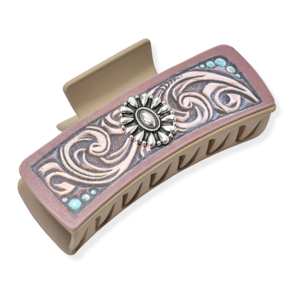 Western Concho Accent Leather Rectangular Grande Hair Claw