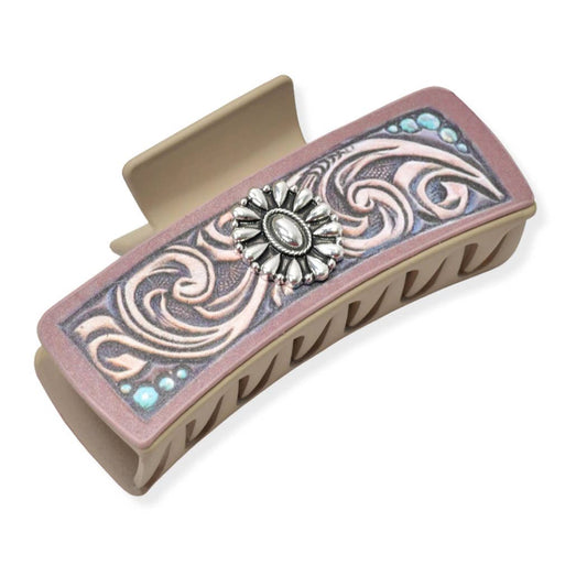Western Concho Accent Leather Rectangular Grande Hair Claw