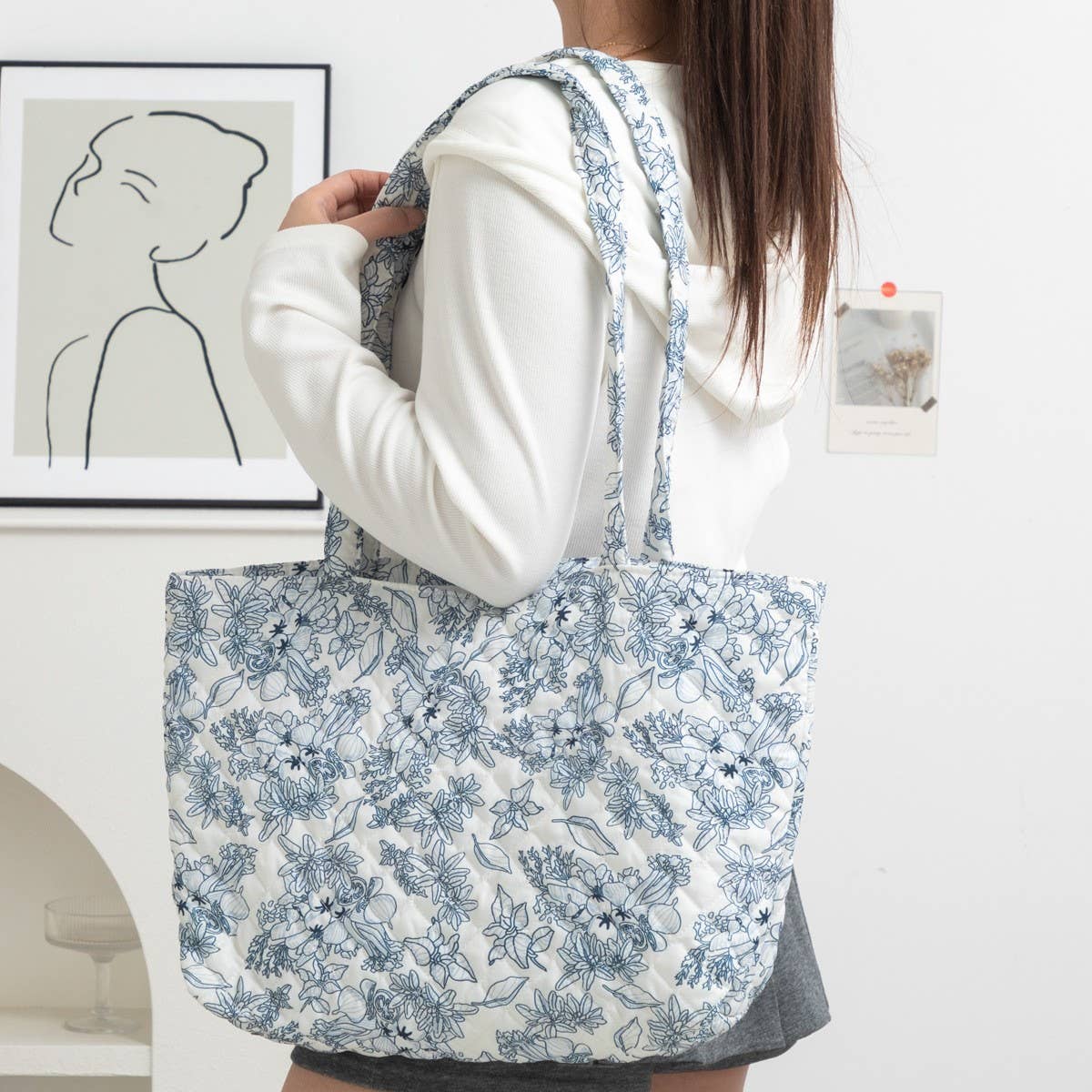 Organic Blue Floral Quilted Tote Bag