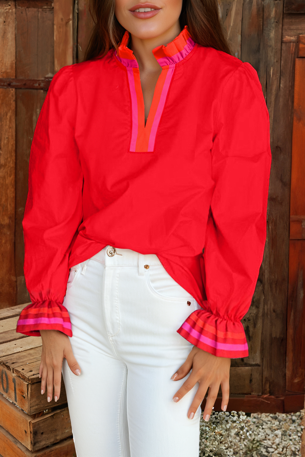 Striped Trim Ruffle Split Neck Long Sleeve Blouse