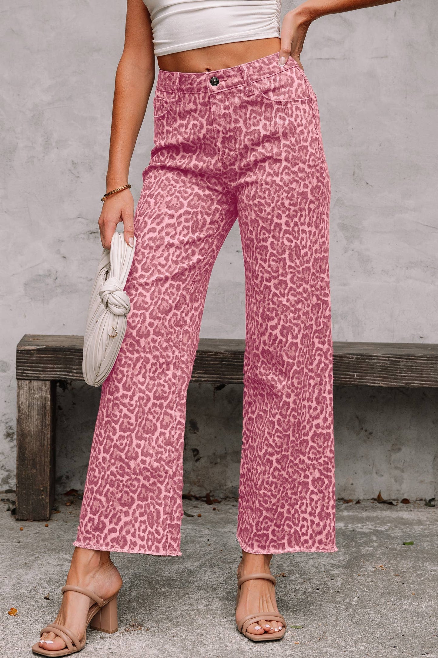 Western Leopard Frayed Edge Wide Leg High Waist Jeans