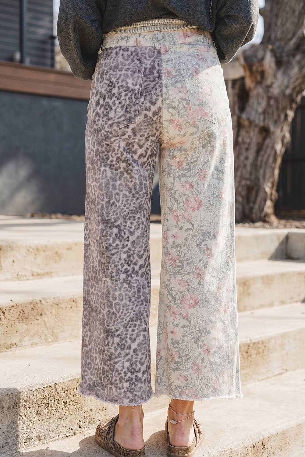 Western Leopard Frayed Edge Wide Leg High Waist Jeans