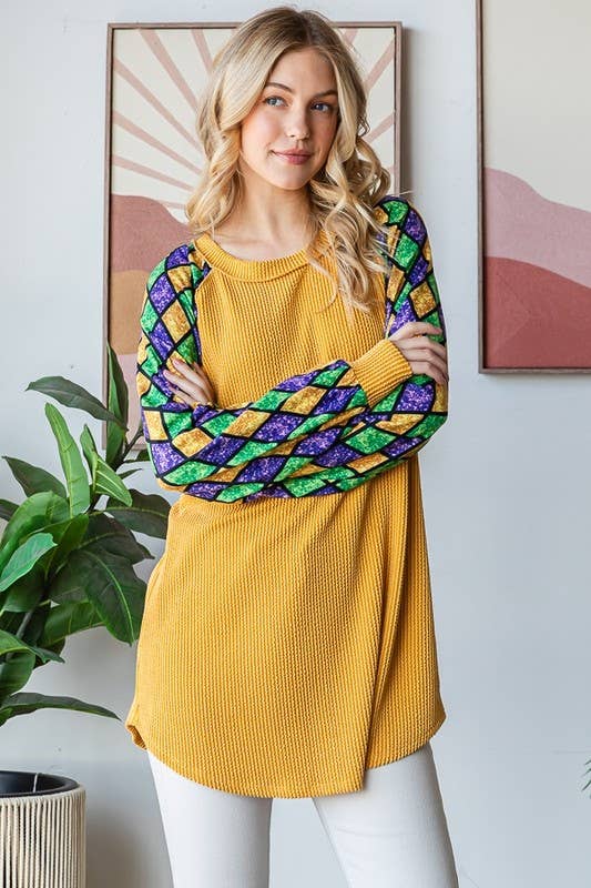 MARDI GRAS LONG SLEEVE URBAN RIBBED TOP