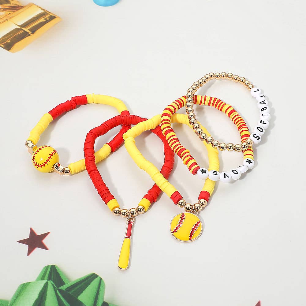 5PCS - SOFTBALL LOVE Letter Charm Beaded Stretch Multi Layered Bracelets