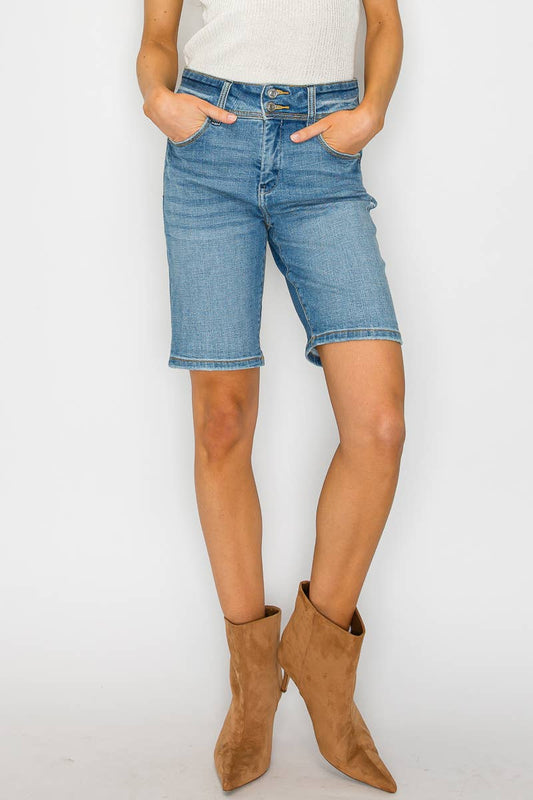 HIGH RISE DOUBLE BUTTON WIDE WAISTBAND BERMUDA