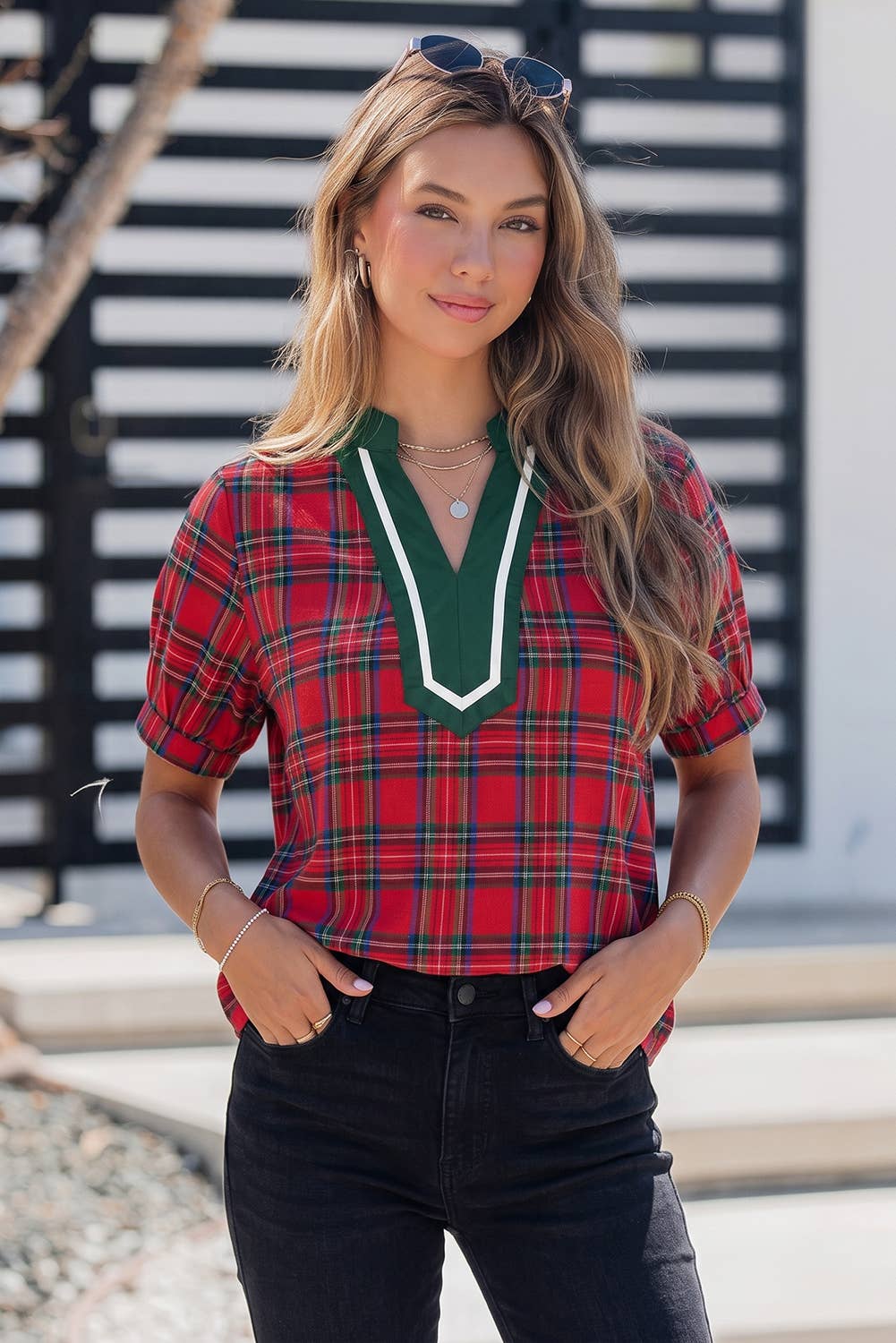 Plaid Print Contrast Trim V Neck Short Sleeve Blouse